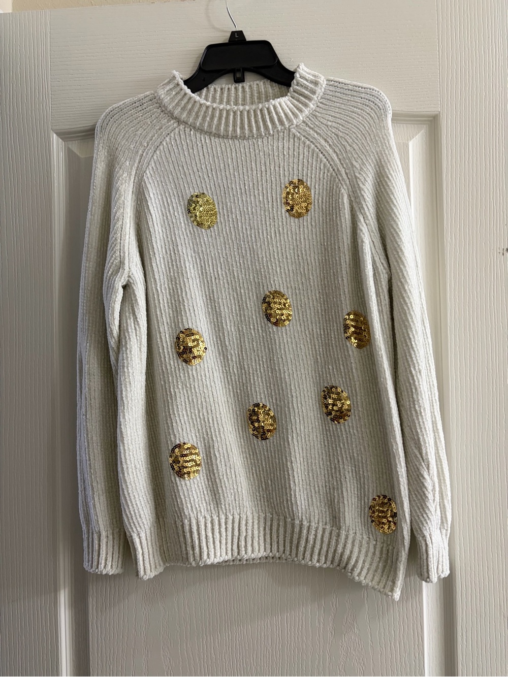 White Chenille Sweater Gold Sequin Polka Dot Pullover Size Medium